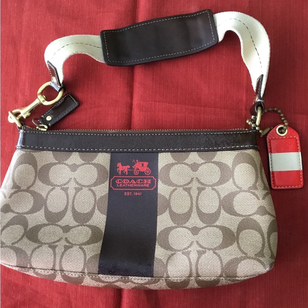 COACH Heritage Jacquard Signature Beige Patent Leather stripe shoulder bag